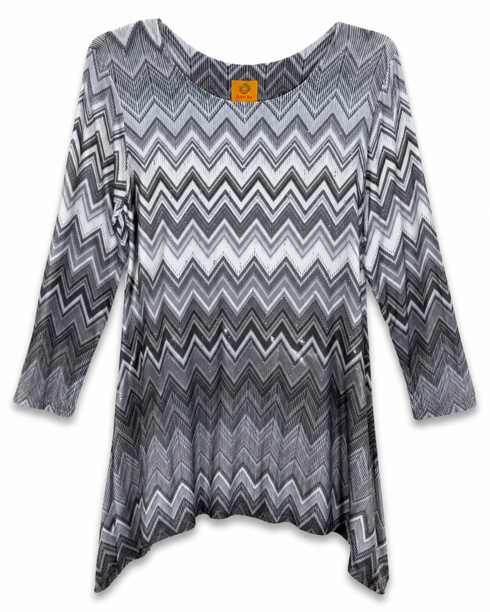 Ruby Rd Gray Chevron Sharkbite Tunic Top size M Rhinestones 3/4 Sleeve Stretch
